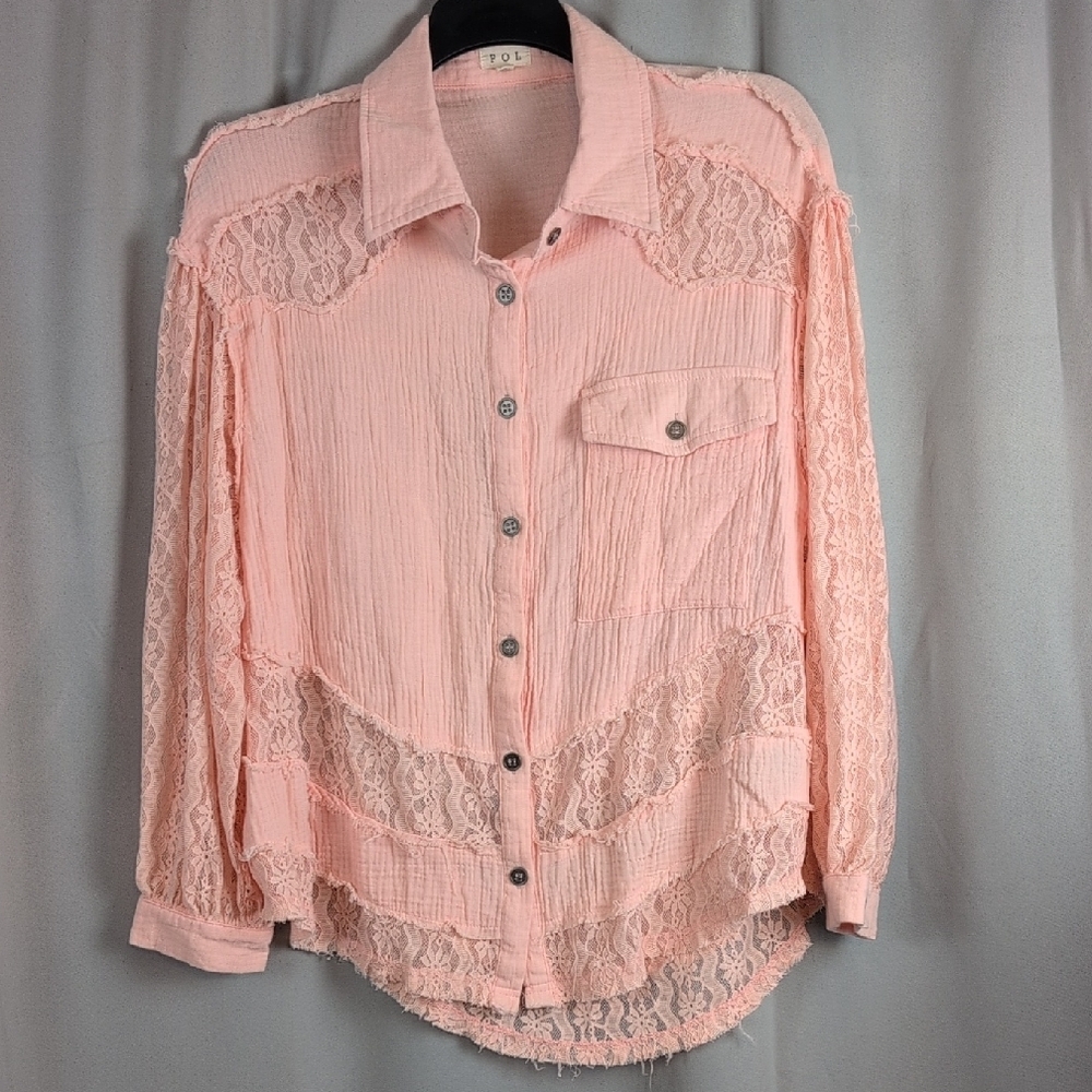 POL‎ Pink Lace Button-Down Blouse Small